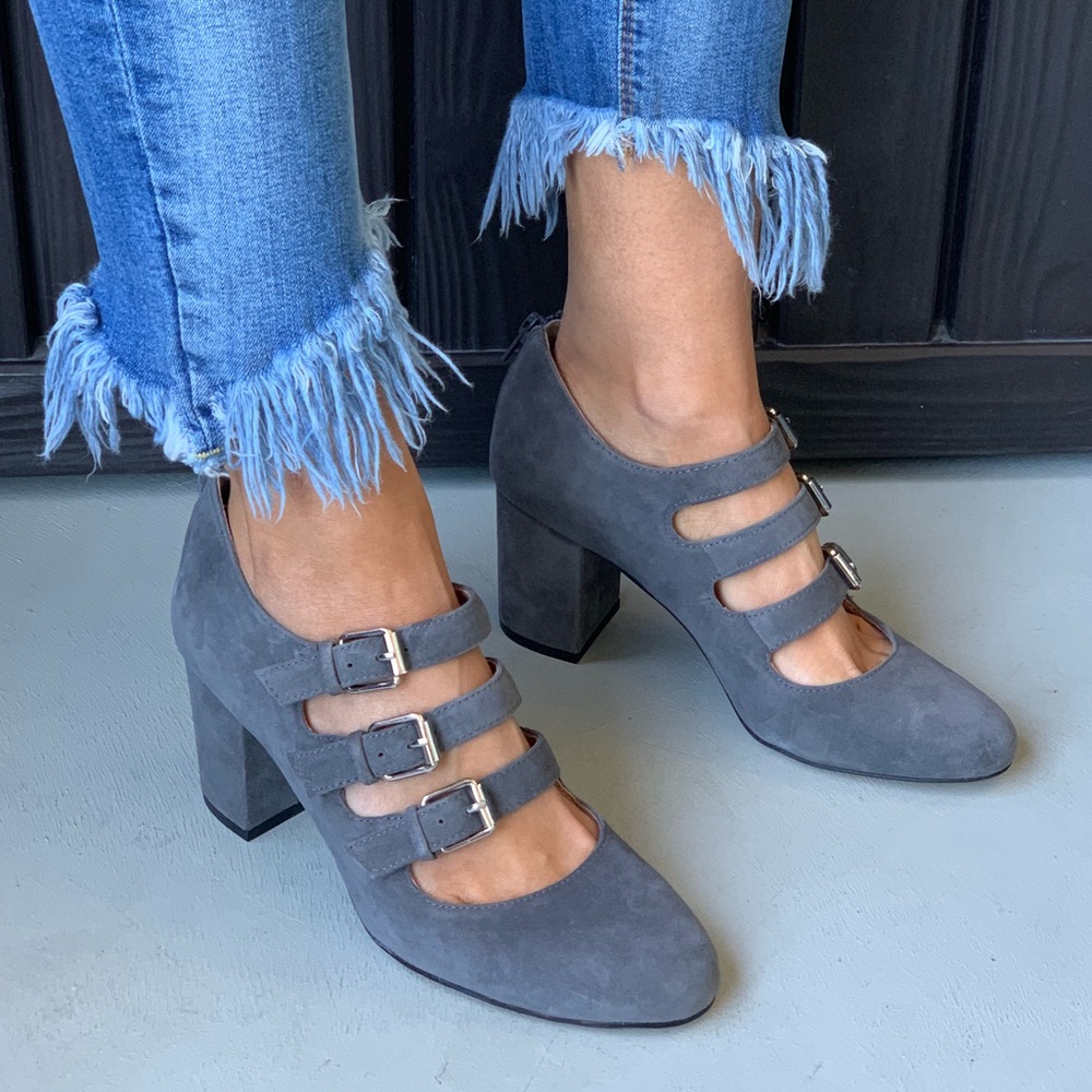 Corso Como Rogers Pump - Grey Suede Triple-Buckle Mary Jane Heels